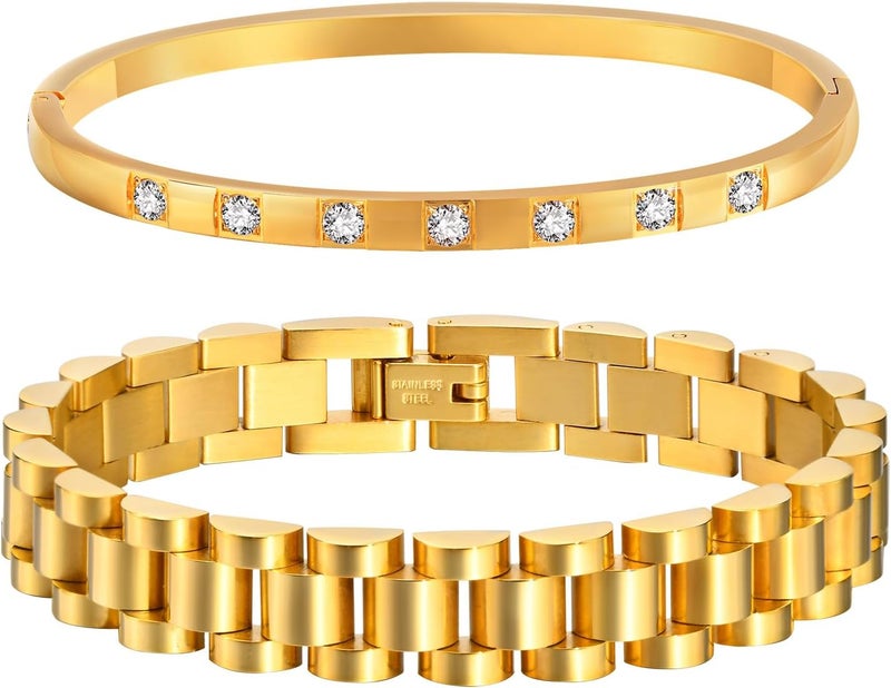 MPRAINBOW 2pcs 18K Gold Plated Chain Link Bracelet, Stainless Steel Crystal Friendship Bracelets Bangle,Watch Band Chains Wristband Jewelry with Adjust Tool - Image 1